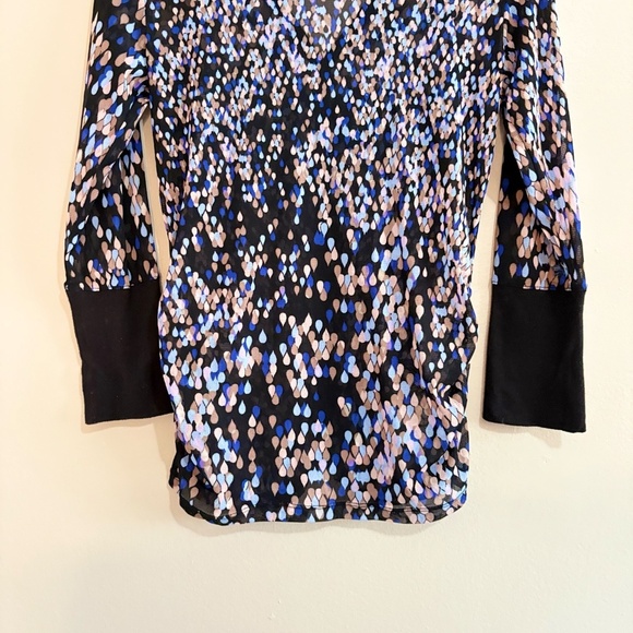 Mexx Mesh Black Blue & Lilac Pattern 3/4 Sleeve Ruched Button Up Blouse - Picture 13 of 14